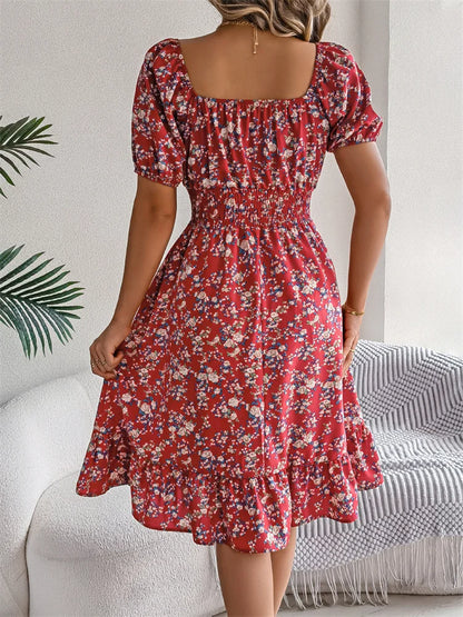 Msfilia Leisure Square Collar Spring Summer Dress Women Short Sleeve Loose Waist Design Lotus Leaf A-shaped Print Dress