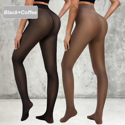 2 Packs Women Fleece Lined Leggings Outfit Fake Translucent Black Tights Seamless Pantyhose Butterfly Leopard Jacquard Design