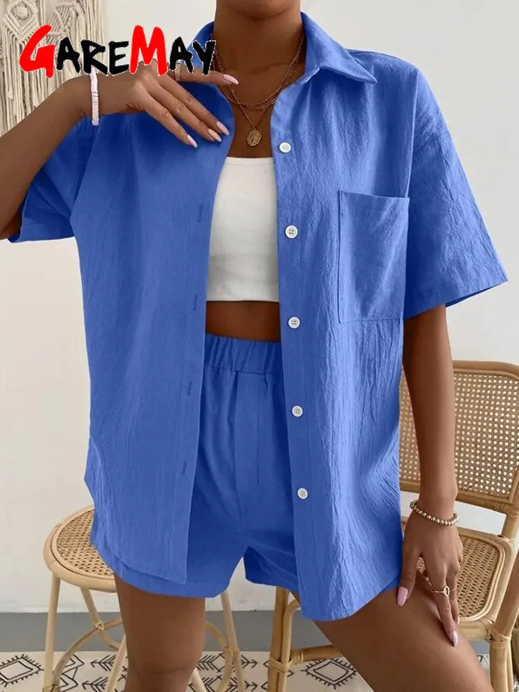 Women's Cotton Suit  Short Sleeve Casual Elegant Green Soild Two Piece Set Women Outfit Suit Shorts and Shirt for Women