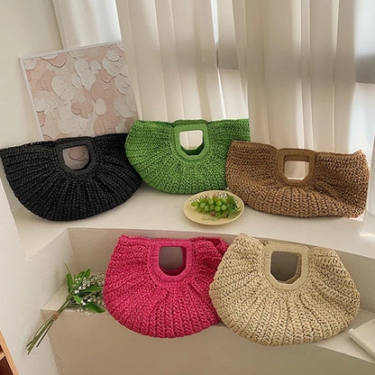 Summer Straw Women Half-moon Beach Handbag Rattan Handmade Handle Fashion Kintted Tote Bag