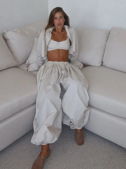 Drop Waist Lantern Pant 3 Pieces Suit Women Stripe Bikini Long Sleeve Lapel Shirt Pants Sets 2026 Female Casual Street Outfit