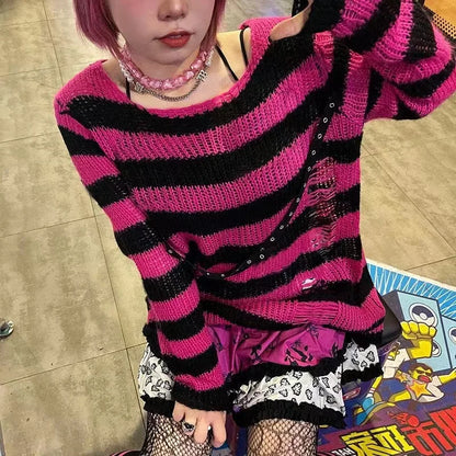 New Punk Gothic Long Unisex Sweater Summer Women Striped Cool Hollow Out Hole Broken Jumper Loose Rock Thin Dark Streetwear Top