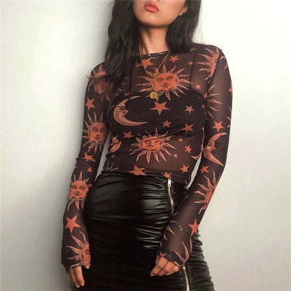 Women's New Style Black-and-White Sun-and-Moon Print Sheer Mesh T-Shirt Sheer Mesh Round Neck Base Layer T-Shirt