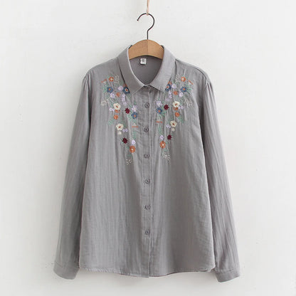 Spring Double 100% Cotton Yarn Shirts Women Turn-down Collar Loose Tops Girl Long Sleeve Embroidery Blouses 2024 Autumn T42909QM