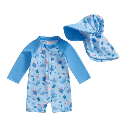 Toddler Girls Boys Beach Wear Kids Swimwear Summer Long Sleeve Floral/Tropical Print Zip Up Bathing Suits with Hat For Swimsuit