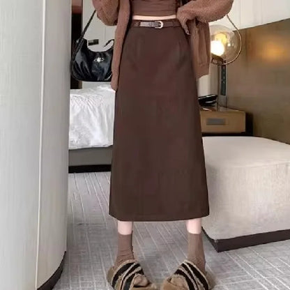 Retro Hong Kong Style Thickened Corduroy Solid Color Half-length Skirt Women's Autumn Winter Wraparound Skirt Mid-length Skirt