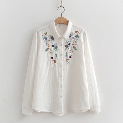 Spring Double 100% Cotton Yarn Shirts Women Turn-down Collar Loose Tops Girl Long Sleeve Embroidery Blouses 2024 Autumn T42909QM