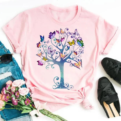 Y2k Women's Colorful Butterfly Petal Print T-Shirt, Short Sleeve, Round Neck, Cute Graphic Tee Shirts, Female Tops Clothes