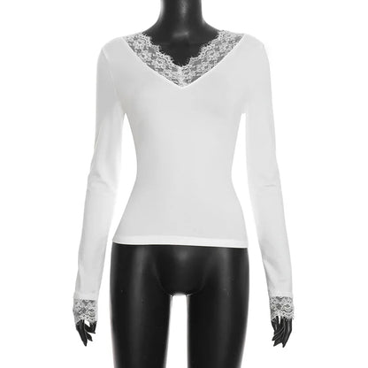 Tornova V neck Lace T shirt Top Women Sexy Navel Exposed Pullover Fashion Splice Hot Girl Club Party Top Autumn New Lady T shirt