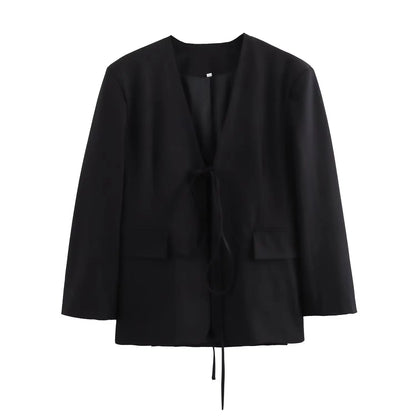 KONDALA Casual Oversized Black Blazer Women V Neck Bow Tie Pockets Loose Jackets Fashion 2025 Fall Streetwear Women Outwears