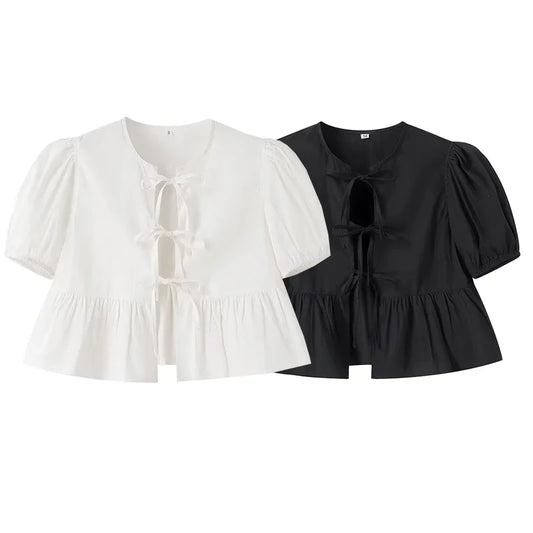MUJER White Ruffle Crop Top Women Black Short Puff Sleeve Blouse Female Bow Tied Summer Blouses Woman 2025 Ruched Cute Tops