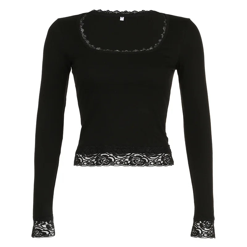 2000s Graphic T Shirt Vintage Fairy Grunge Women Autumn Lace Trim Long Sleeve Slim Fits Tops y2k Clothes Basic Harajuku Tees