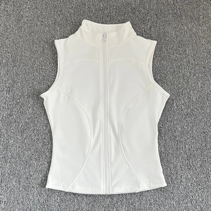 Women's Slim Fit Sport Sleeveless Top Quick Dry Elastic Stand Collar Yoga Fitness Clothing Summer Zipper
