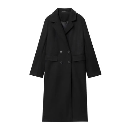 HH Women Fashion Burgundy Coat Double Breasted Long Sleeve Lapel Blends Jacket Autumn Winter High Street Outerwear