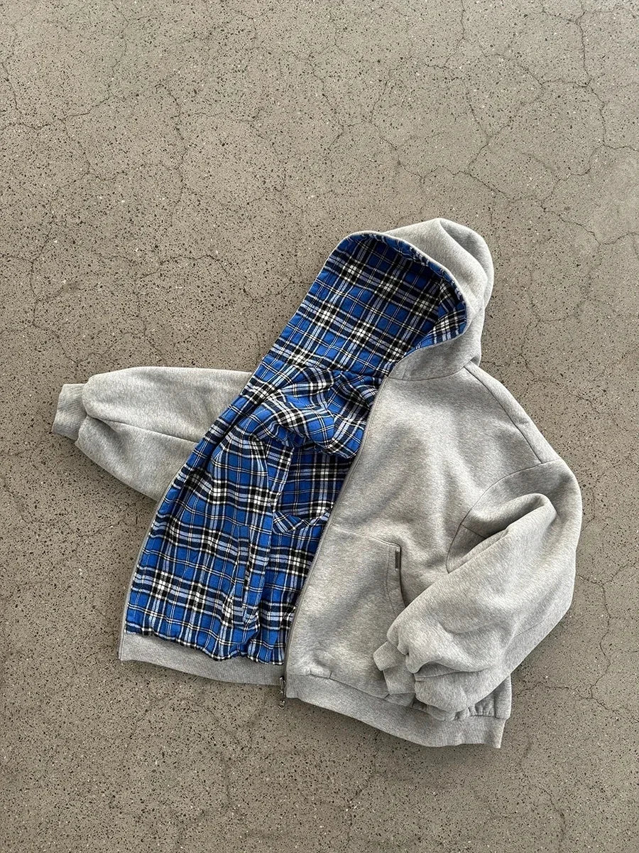 American Double-Sided Plaid Loose Zipper Hoodie Men Y2K New Harajuku Hip-Hop Gothic Couple Casual Joker Sweatshirt Street Wear