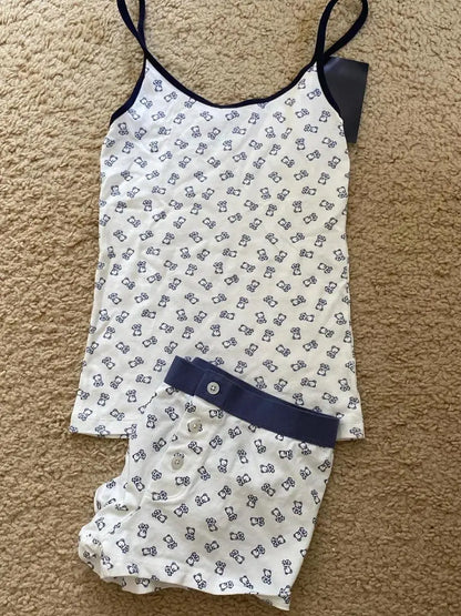 Strawberry Vest Shorts 2 Pieces Set Woman Eyelet Bow Slim Tank Top with Elastic Waist Patchwork Straight Short Pant Sweet Sets