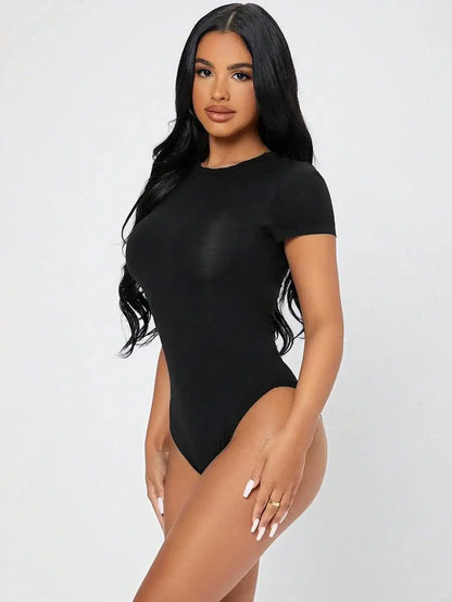Petite Solid Slim Fit Short Sleeve Bodycon Bodysuit for Women