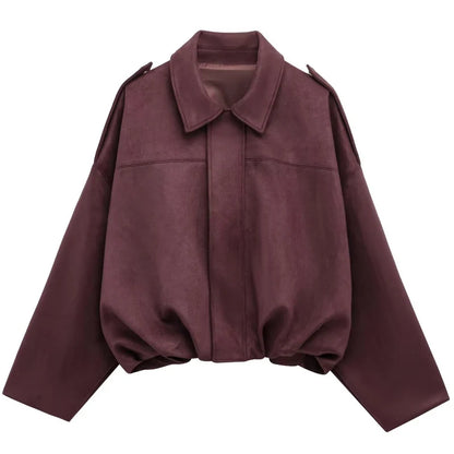 HXAO Suede Cropped Jacket Women's Bomber Jacket Oversized Batwing Sleeves Outerwears Lady Casual Loose Coat Street Style Jackets