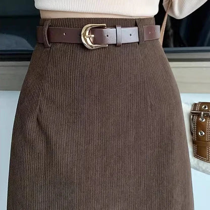 Retro Hong Kong Style Thickened Corduroy Solid Color Half-length Skirt Women's Autumn Winter Wraparound Skirt Mid-length Skirt