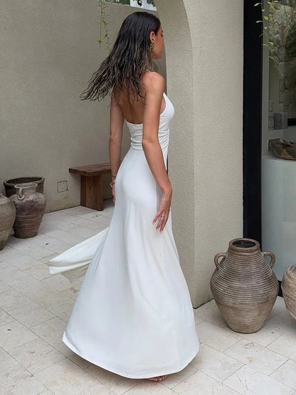 TARUXY Deep V Neck Halter Long Dress Female Elegant Ruched Ribbon Splice Summer New Vacation Dress Sexy Slim Sleeveless Vestido