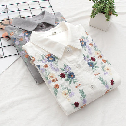 Spring Double 100% Cotton Yarn Shirts Women Turn-down Collar Loose Tops Girl Long Sleeve Embroidery Blouses 2024 Autumn T42909QM
