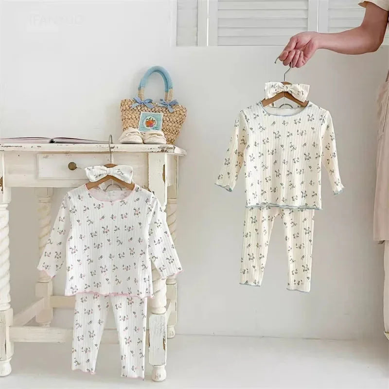 ‌New Arrival Baby Girls Floral Print Cotton Pajama Set Long Sleeve Lace Trim Two Piece Sleepwear Autumn Homewear Infant Toddler‌