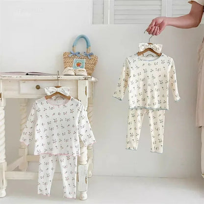 ‌New Arrival Baby Girls Floral Print Cotton Pajama Set Long Sleeve Lace Trim Two Piece Sleepwear Autumn Homewear Infant Toddler‌
