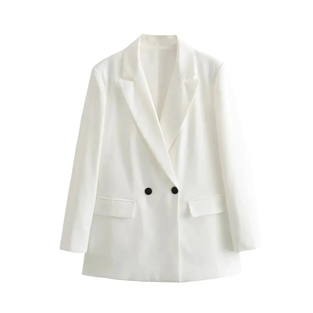 Women Fashion Double Breasted Loose Fitting Blazer Coat Vintage Long Sleeve Pockets Female Outerwear Chic Veste Femme