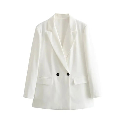 Women Fashion Double Breasted Loose Fitting Blazer Coat Vintage Long Sleeve Pockets Female Outerwear Chic Veste Femme