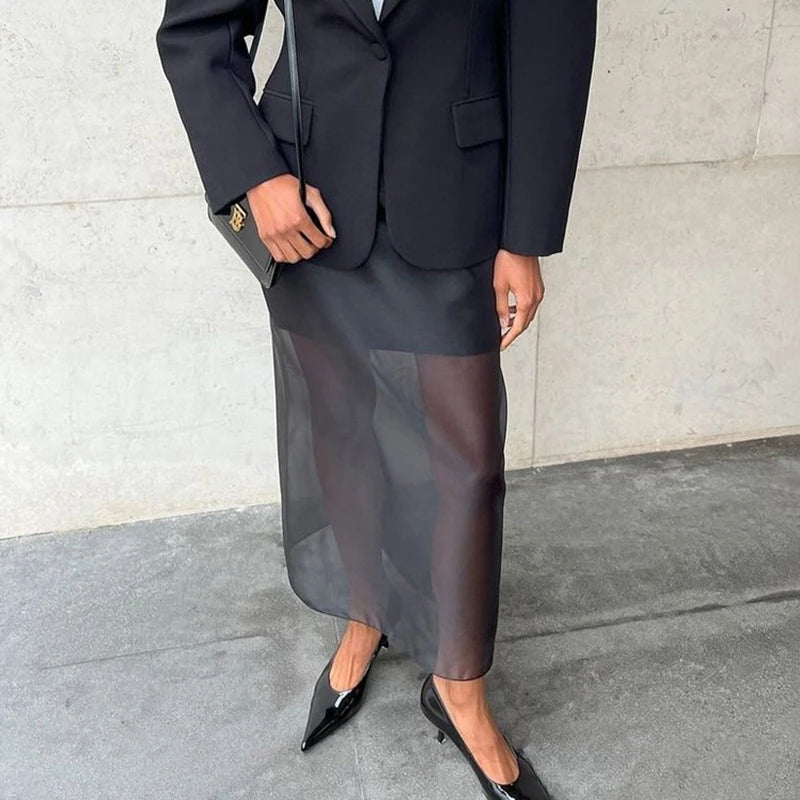 Black Mesh Skirts For Women Double-layer Design Sexy Perspective High Waist Slit Hip Skirt Female Thin Loose New Summer