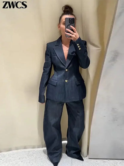 Elegant Denim Blazer Vest Pants Set Women Single-breasted V-Neck Suit Coat Strapless Tanks Straight Leg Jeans 2025 New Lady Suit