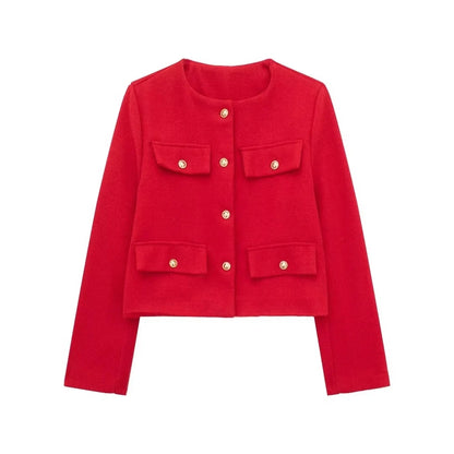 HH Women Vintage Solid Coat Button Long Sleeve O Neck Jacket With Pocket 2024 Spring Elegant Female Casual Outerwear Jakcet