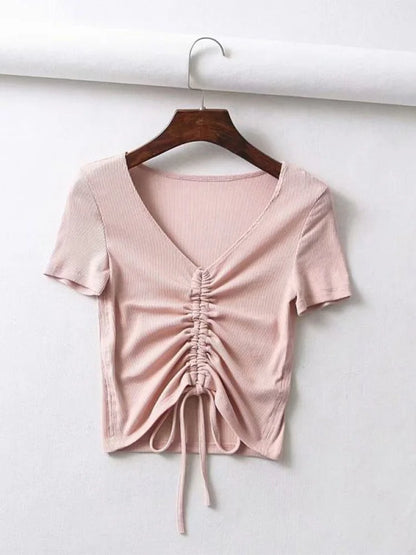 Sexy V Neck Cropped Tank Tops Women Drawstring Tie Up Front Camis Candy Colors Streetwear Slim Fit Ribbed Crop Top