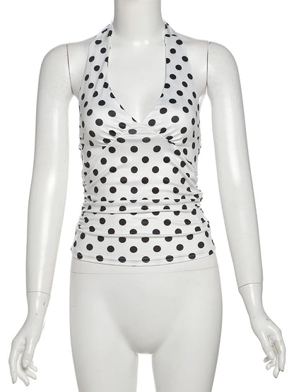 Weird Puss Polka Dot Print Vest Women Y2K Lace-Up Backless Halter v-Neck Skinny Summer Trend Daily  Street Basic Chic Tank Tops