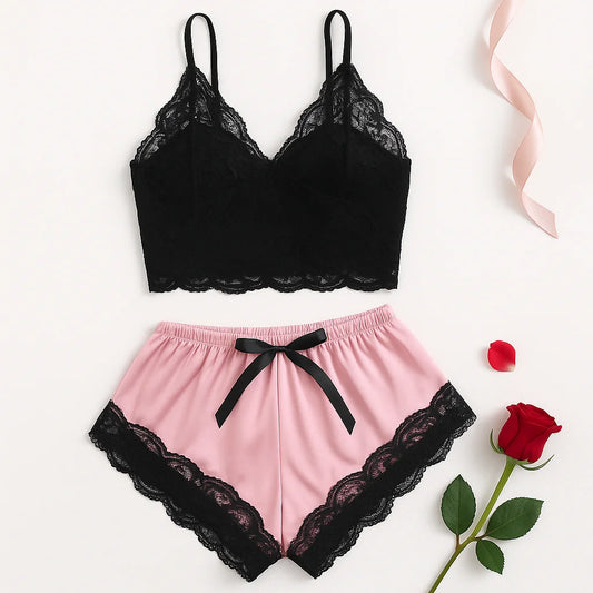 2PCS Women's Satin Pajama Set Lace Cami Top and Shorts Sexy Lingerie Sleepwear Summer Breathable Nightwear Black And Pink