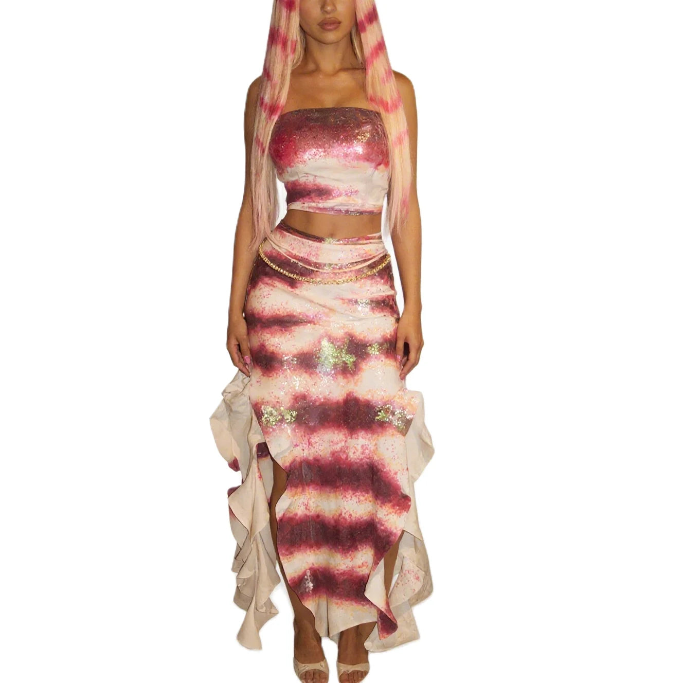 Women Halloween Shark Tale Lola Costume Dress Anime Sexy Ruffle Hem Fish Strapless Tube Cosplay Maxi Dress