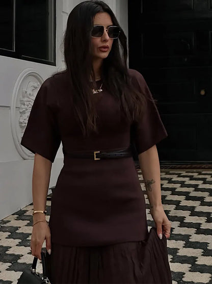 2025 Chic Splicing Brown Half Sleeve Maxi Dress Women's Casual Pleated A-line Slim Vestidos Female Office Commute Street Robes