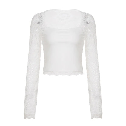 SUCHCUTE Lace-trimmed Patchwork Long-sleeve Tees Women Square Neck See-through Back Top Y2k Aesthetic 90s Sexy T-shirts Vintage