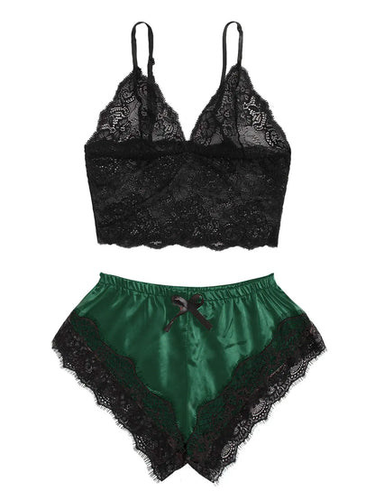 Women's 2 Piece Sexy Lace Pajama Set See-Through Bralette Cami Top and Shorts Breathable Sleepwear Plus Size Summer Lingerie