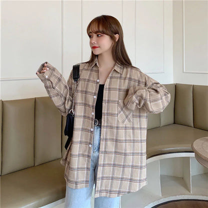 Xpqbb Vintage Women Plaid Shirts Autumn Long Sleeve Oversize Button Up Blouses Female Streetwear Loose Casual Shirts Femme Coat