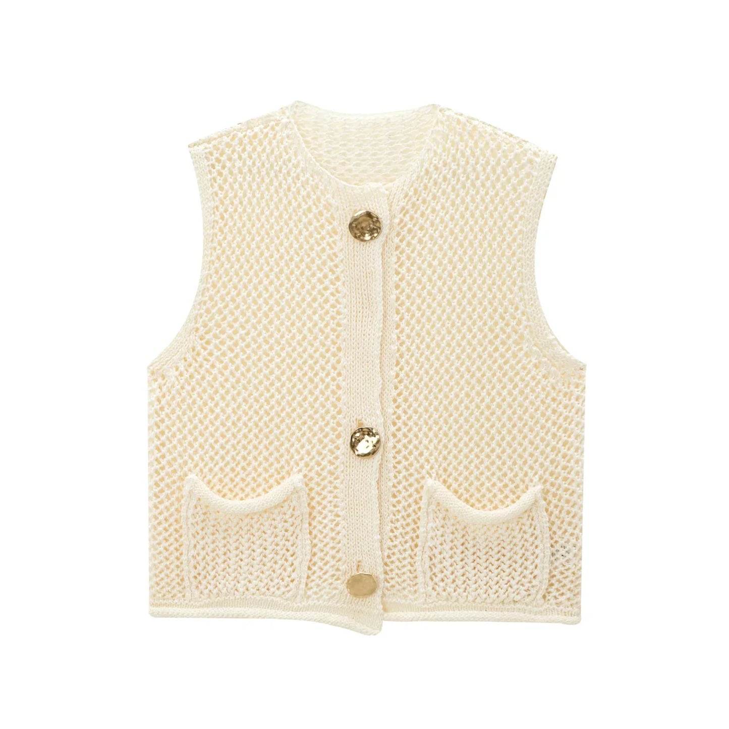 Women Fashion Sleeveless Coarse Needle Knitting Vest Sweater Female Chic Big Pockets Patch Buttons Cardigan Waistcoat Tops