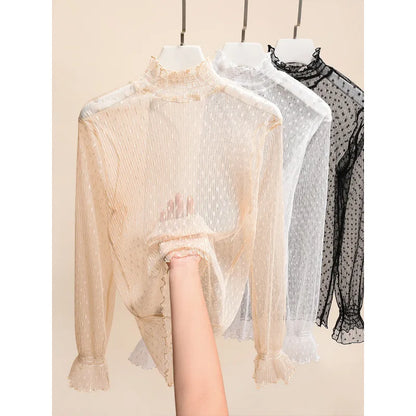Bella Philosophy Women High Collar Mesh Perspective Blouse Summer Thin See Through Slim Bottoming Lace Long Flare Sleeved Tops