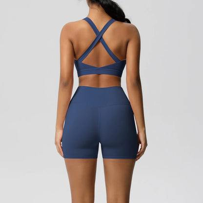 2PCS Sportswear With Pocketed Yoga Set Gym Clothes Yoga Suits For Women Tracksuits Sports Shorts Crossover Bra Gym Leggings