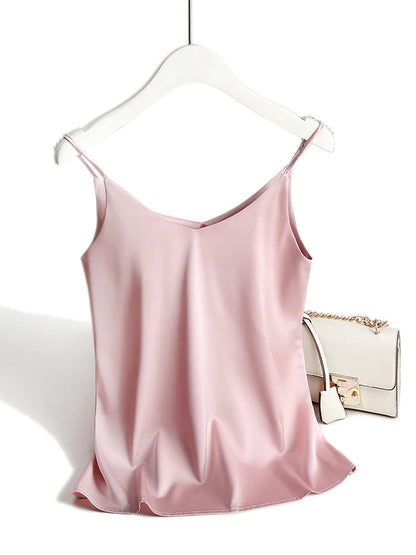 AOSSVIAO 2026 Spaghetti Strap Top Women Halter V Neck Basic White Cami Sleeveless Satin Silk Tank Tops Women'S Summer Camisole