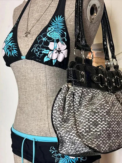 Vintage Flower print Cutie set Bikini 2000s Swimsuit Sexy Women Bathing Fashion Halter Strap Swimwear High Street Beach Female