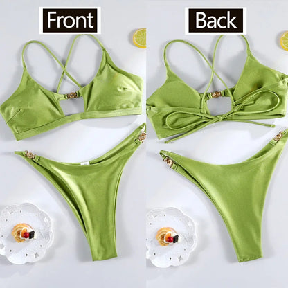 Miyouj Bandage Swimwear Summer Swimsuit High Cut Bikini Set Solid Sexy 2-Piece Suit New Bathsuit Hollow Out Thongs Beachwear