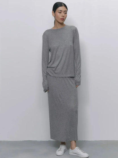 Hirsionsan Modal Soft Loose Sets Women 2026 Casual Two Pieces Long Sleeve T Shirts and High Waist Dresses Outfits Tracksuit