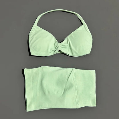 HISTELLO Gym Set 2 Piece Women Strappy Yoga Bra Top Workout Scrunch Shorts Sports Suit Fitness Clothes Seamless Yoga Set