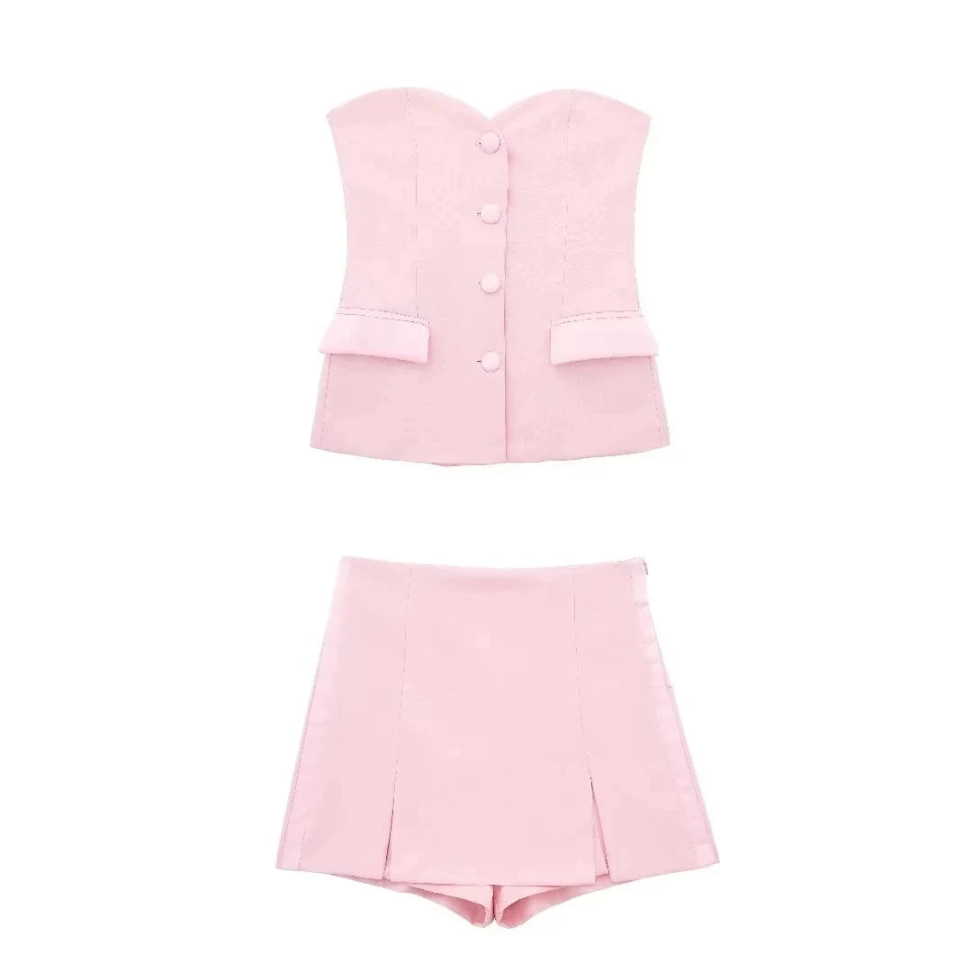 2024 Summer Fashion Woman Shorts Set Solid Chic Slim Tube Corset Top + Commuet Office Lady Wild Female Culottes Street