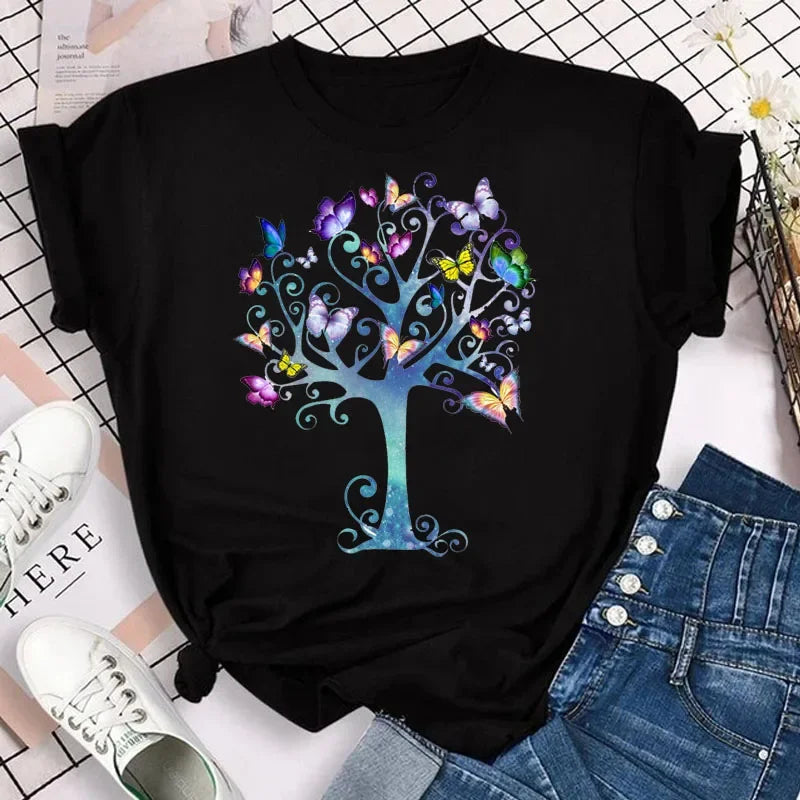 Y2k Women's Colorful Butterfly Petal Print T-Shirt, Short Sleeve, Round Neck, Cute Graphic Tee Shirts, Female Tops Clothes